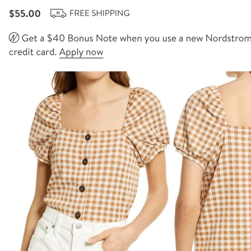 Gingham Jacquard Square Neck Puff Sleeve Top